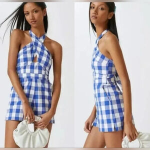 NWT Anthropologie Maeve Gingham purple and white checkered halter romper size 14